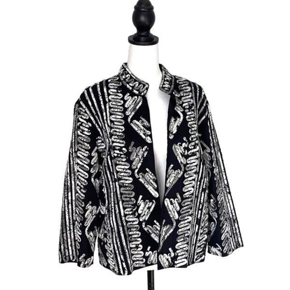 Chico's Women's Open Front Blazer‎ Jacket Overlay Design Mock Neck Black Size 1